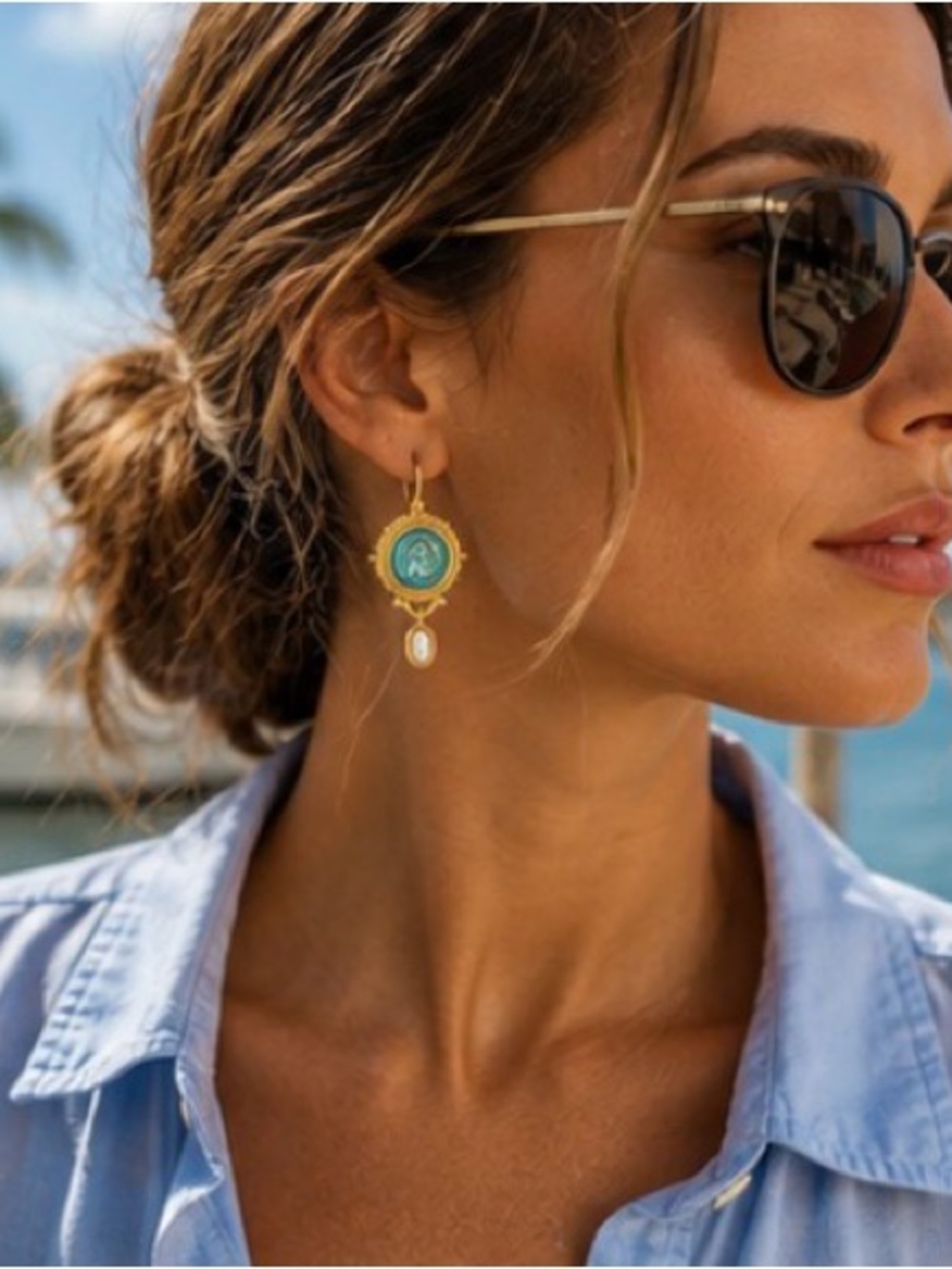Julie Vos Inspired Aqua Blue Glass Pearl Drop Earrings Gold Tone Statement